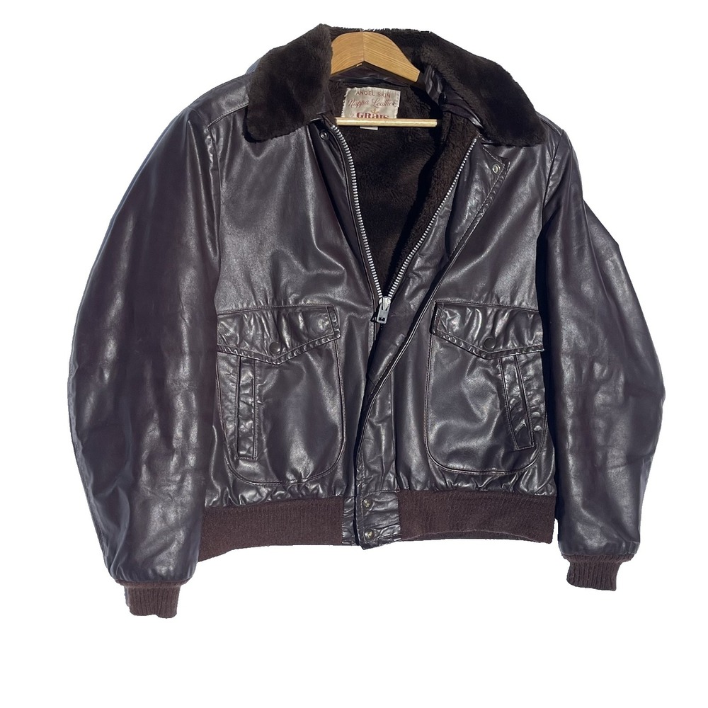 Vintage 1970s Nappa Leather Jacket Angel Skin Sherpa Lined Grais Size 44 Brown